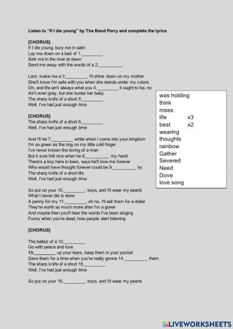 Song worksheet -If I die young- the band perry