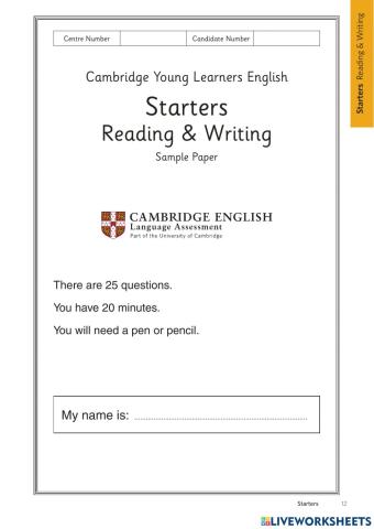 Starters Reading and Writing Cambridge 2017