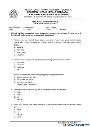 PAT Seni Budaya Kelas 7