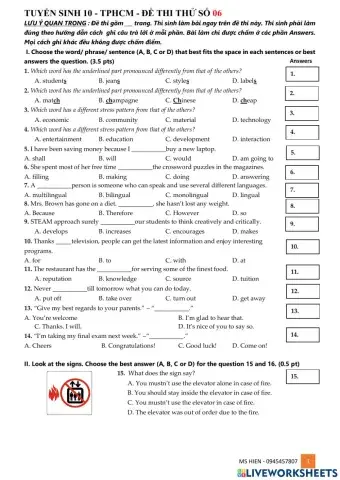 Tuyển Sinh 10 TPHCM- Đề Thi Thử 06