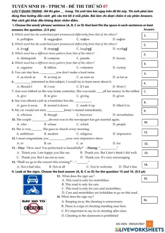 Tuyển Sinh 10 TPHCM- Đề Thi Thử 07