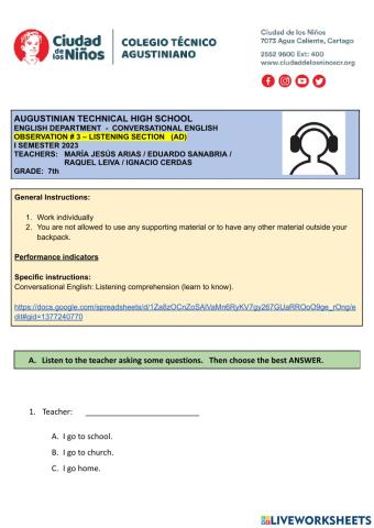 (AD)  OBSERVATION 3 - LISTENING SECTION - 7th GRADE - I SEMESTER