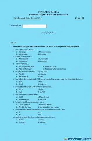 Ulangan harian pai kls 3 kd 3.9