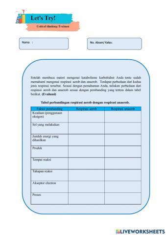 Liveworksheet Lets Try perbandingan aerob anaerob