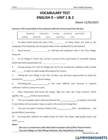 English 9 - Unit 1 & 2 - Vocabulary Test