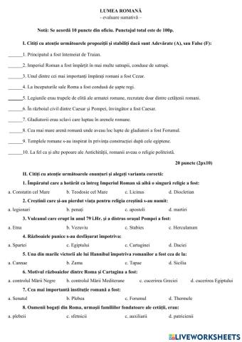 Lumea romana - evaluare sumativă
