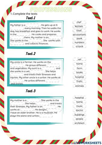 Professions and what do they do - complete the texts