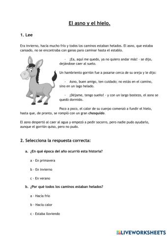 Comprensión Lectora: El asno y el hielo