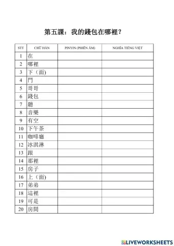 Từ vựng bài 5 quyển 1 - phần 1