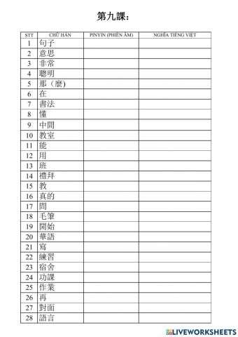 Từ vựng bài 9 quyển 1- phần 2