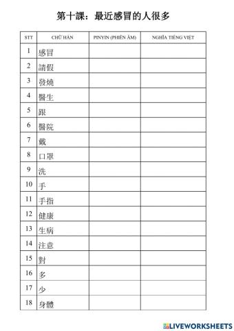 Từ vựng bài 10 quyển 1- phần 1