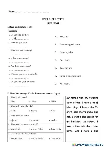 Unit 6: Clothes (Reading) - Grade 3