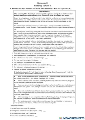 Reading. Semester II. Variant 2. B1(grade 10)