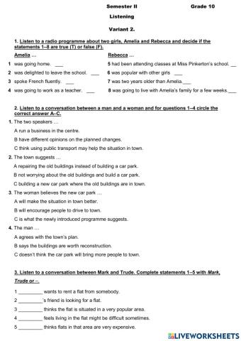 Listening. Semester II. Variant 2. (grade10)