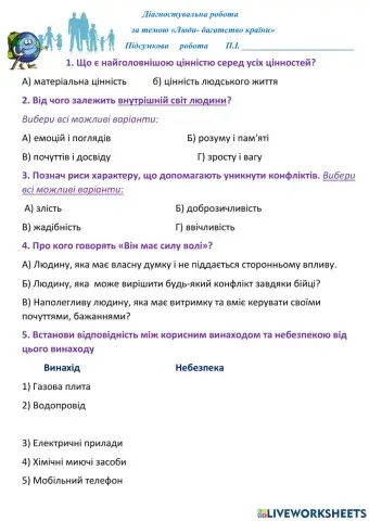 Діагностувальна робота     				за темою «Люди- багатство країни»        Підсумкова     робота