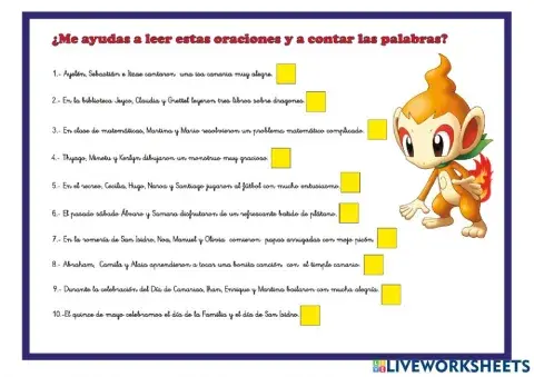 Lee las oraciones y cuenta las palabras.