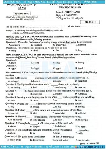 Đề thi tuyển sinh vào 10 Hà Nội năm 2023-2024