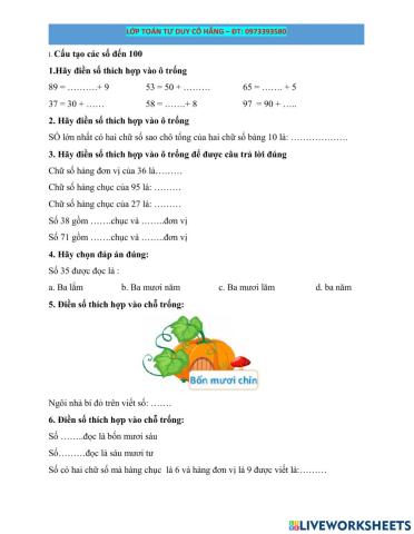 Buổi 1: ôn tập các số đến 100