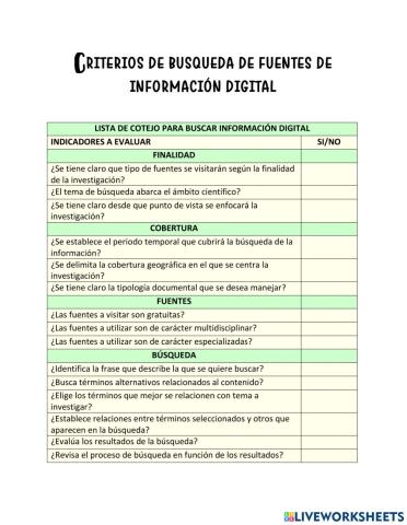 Criterios de evaluación de información  digital