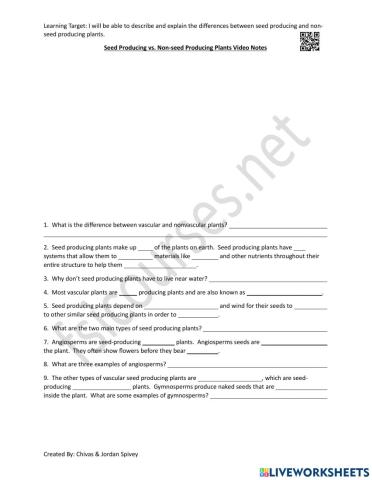 Seed Producing vs. Non-seed Producing Plants Video Notes with QR Video