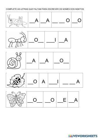 Complete as letras que faltam para escrever os nomes dos insetos
