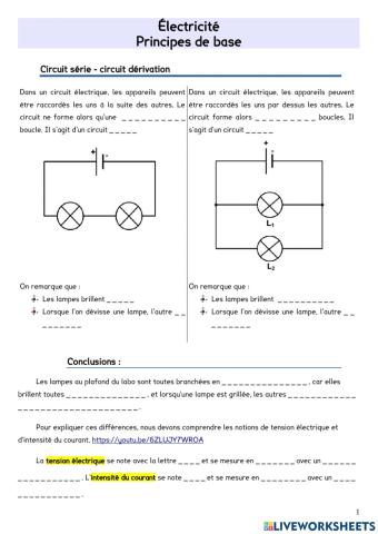 Circuits série dérivation + intro tension intensité