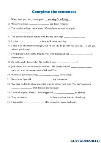 Verbs followed by Gerund