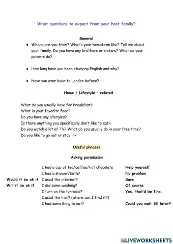 Homestay useful vocabulary