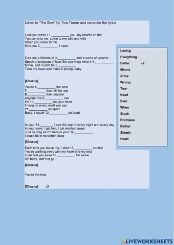 Song worksheet -The Best- Tina Turner