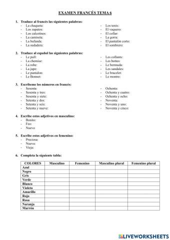 Examen francés 6º primaria: vestimenta, genero adjetivos y colores, y números