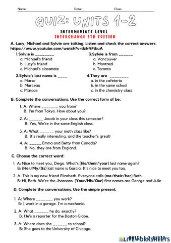 Interchange 5th edition 1 quiz units 1-2