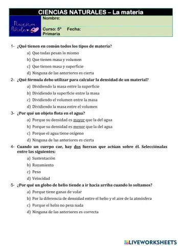 Examen sobre la materia y sus propiedades