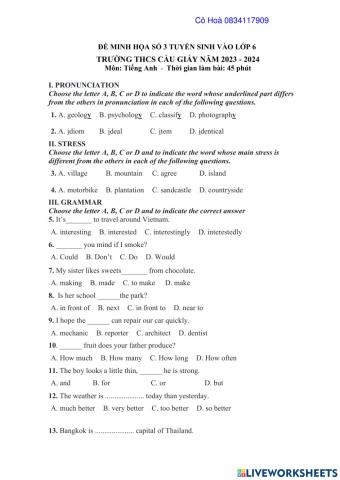 Đề minh hoạ số 3 Cầu Giấy 23-24