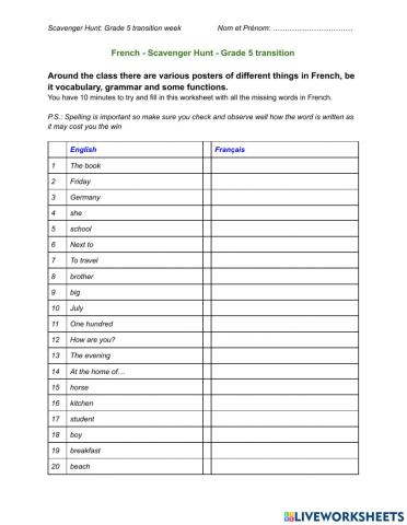 French Scavenger Hunt - Grade 5 transition