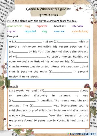 G6 Vocabulary Quiz -2 Term 1 2023