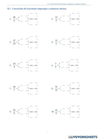 Fracciones impropias a números mixtos y viceversa