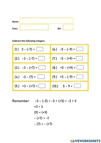 Subtraction of Integers