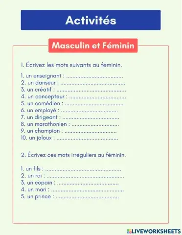 Activités Masculin Féminin et Pluriel
