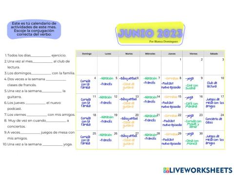 Calendario de Actividades (Presente del Indicativo)