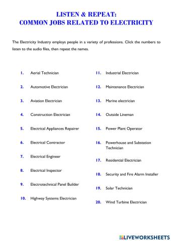 Listen & Repeat: Common jobs related to Electricity