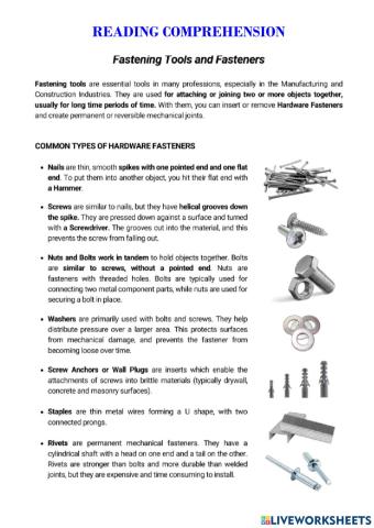 Reading Comprehension:Fastening Tools & Fasteners