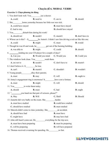 Chuyên đề 6 động từ khuyết thiếu (Modal verbs)