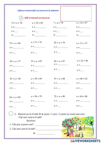 Aflarea termenului necunoscut la adunare