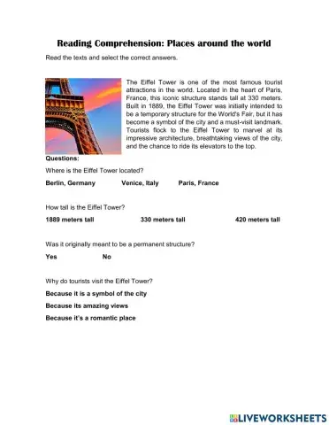 A2 Reading comprehension about places