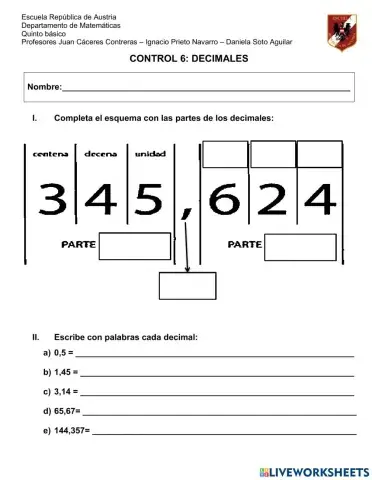 Evaluacion decimales 5°