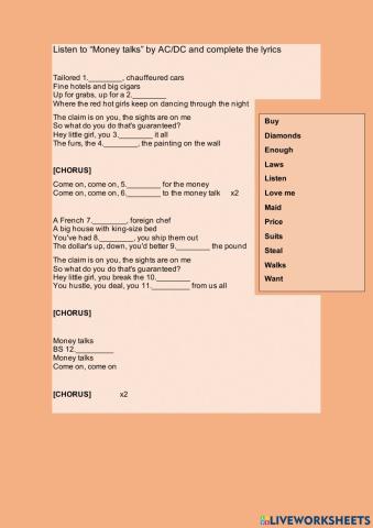 A2 song worksheet money talks by acdc