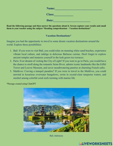 Vacation destinations reading