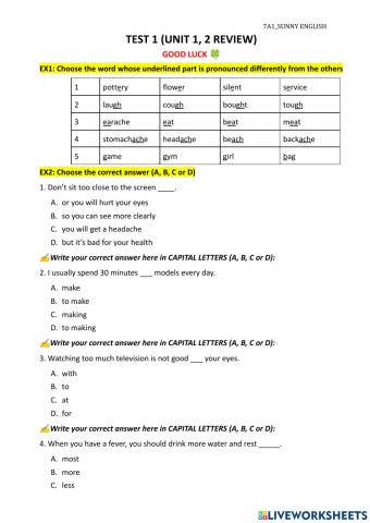 Test 1 (unit 1, 2) grade 7 (edited by sunny english)
