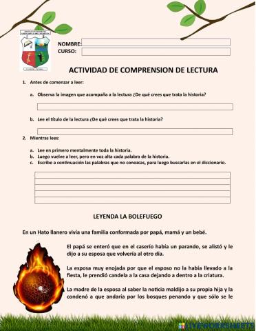 Comprension de lectura Leyenda la Bolefuego