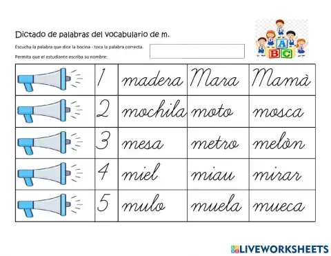 Dictado de palabras con m.